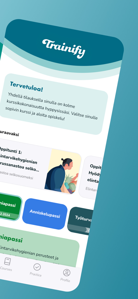 Trainify - La pantalla de inicio de la aplicación Trainify que muestra cursos de certificación vocacional para permisos de higiene y seguridad.