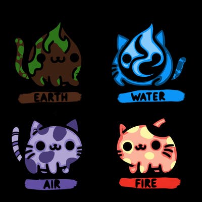 4 cats that represent the different elements, earth, water, air, and fire