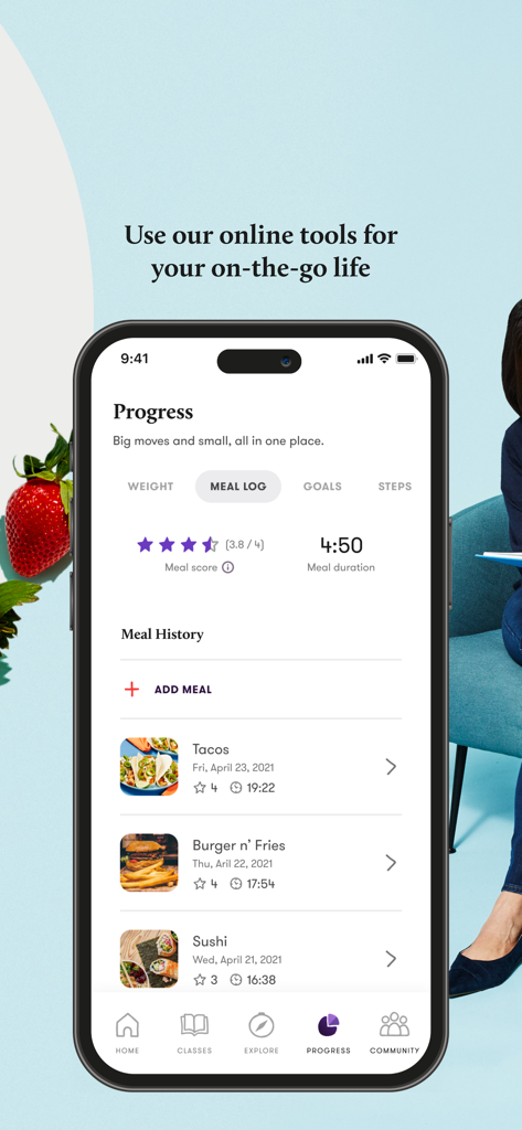 Wondr Health app screenshot showing the meal log feature with meal ratings and duration history