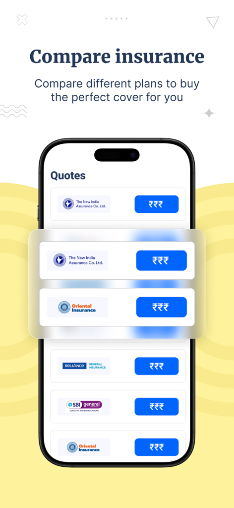 Policybazaar-Compare.Buy.Save. - Capture d'écran de l'application Policybazaar affichant une comparaison des devis d'assurance de différents assureurs indiens tels que SBI et Reliance.