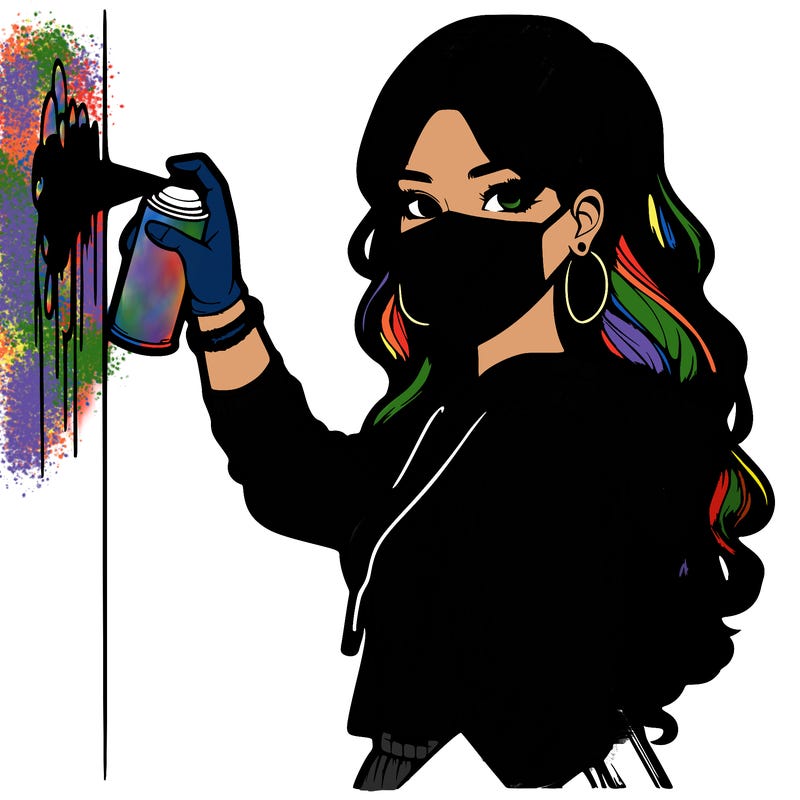 realistic girl with mask spray painting a wall