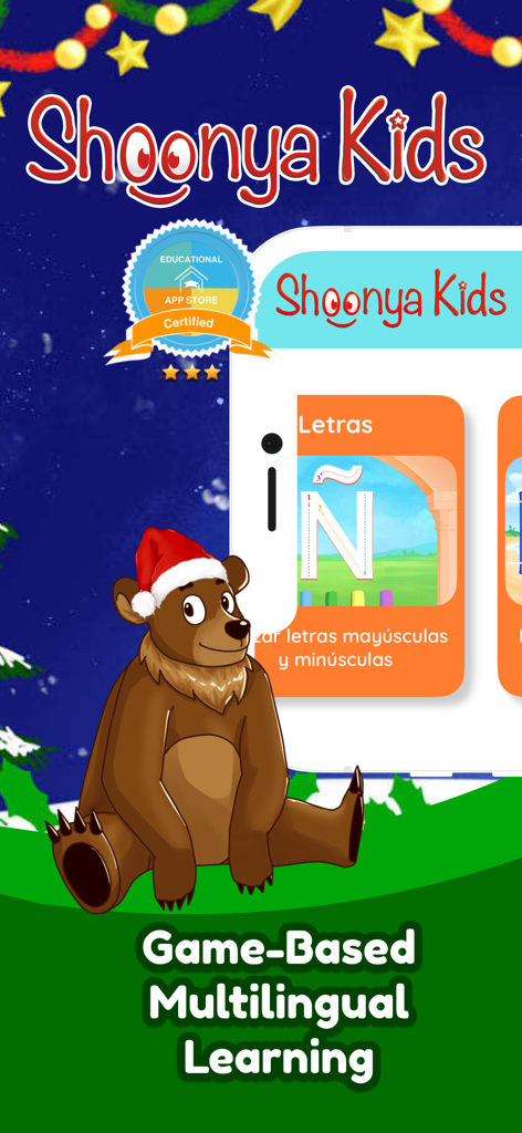 Shoonya Kids app interface showing Spanish letter tracing games with a friendly bear mascot and educational certification badge