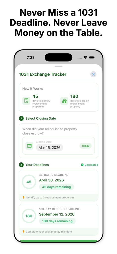 EstiMate CRE - Interface of the 1031 Exchange Tracker in the EstiMate CRE app showing identification and closing deadlines with visual countdown rings.