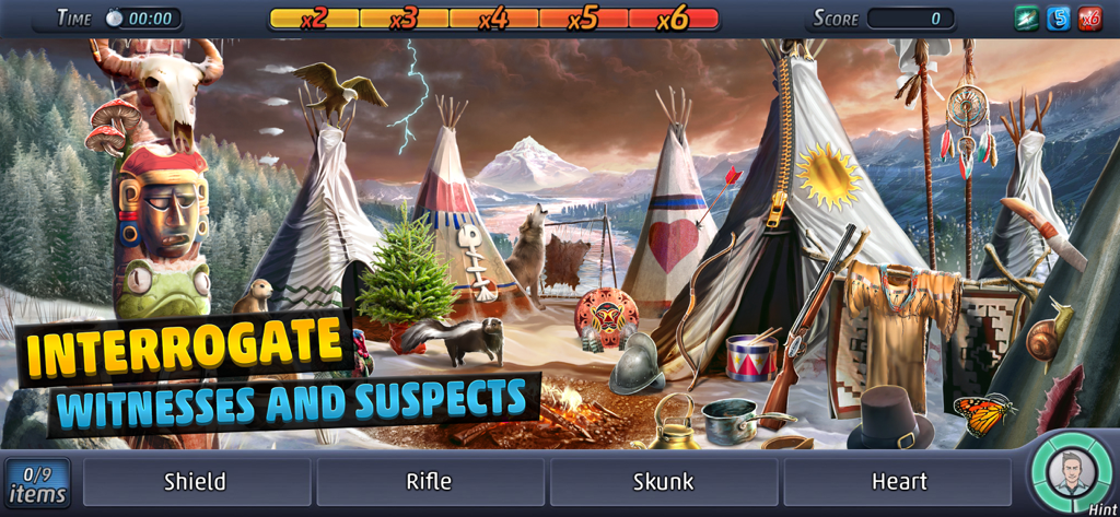 Criminal Case game screen showing a hidden object scene with an interrogation text overlay