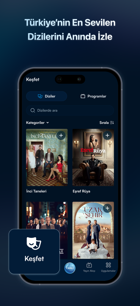 Schermata Esplora dell'app mobile Kanal D che mostra poster di varie serie drammatiche turche