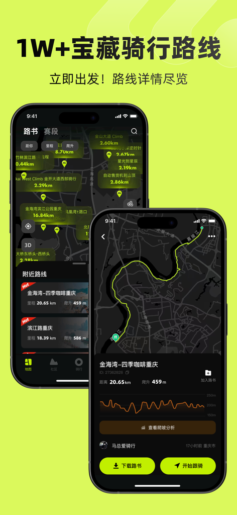Jike Riding app showing a map with various cycling routes and detailed route information including distance and elevation profile.