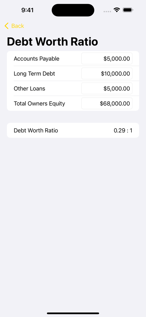 Business Calculator + - Écran du calculateur de ratio d'endettement/capitaux propres dans l'application Business Calculator plus