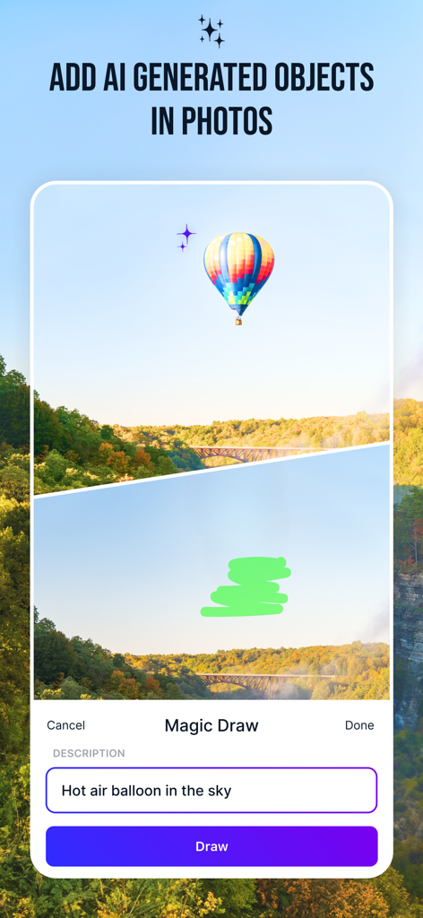 Magic Studio - AI Photo Editor - Interfaccia dell'app Magic Studio che mostra la funzionalità Magic Draw per aggiungere una mongolfiera generata dall'AI a una foto di paesaggio.