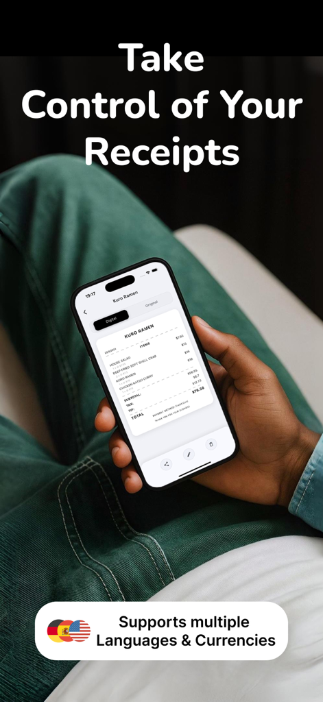 Receipto: Tax Receipt Scanner - A person holding a smartphone showing a digital receipt in the Receipto app with international currency support