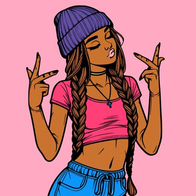 realistic teenage girl with braids and a beanie and crop top doing 🫶🏼