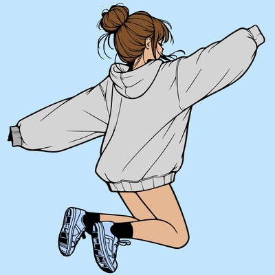 realistic girl jumping with a bun and oversized sweatshirt