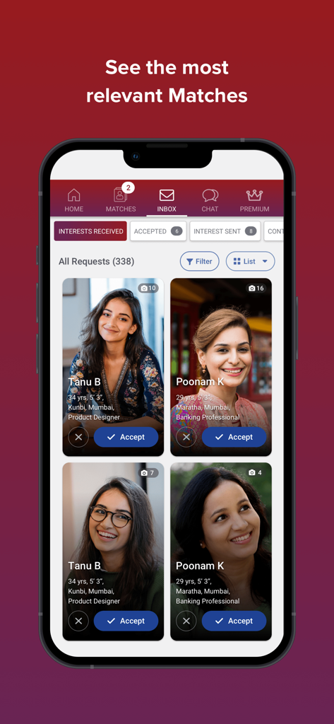 Captura de tela do aplicativo matrimonial Sangam mostrando solicitações de interesse e cartões de perfil de possíveis matches