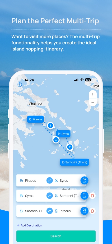 Ferryscanner: Book Your Ferry - Benutzeroberfläche der Ferryscanner App, die eine Multi-Trip-Fährroute auf einer interaktiven Karte der griechischen Inseln zeigt