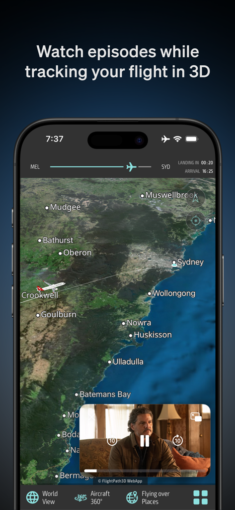 Qantas Entertainment 앱과 픽처 인 픽처 모드로 재생되는 영화가 표시된 3D 비행 추적 지도 화면