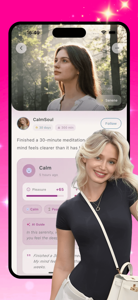 Minla - Minla app interface showing a user profile with meditation logs and emotional mapping features.