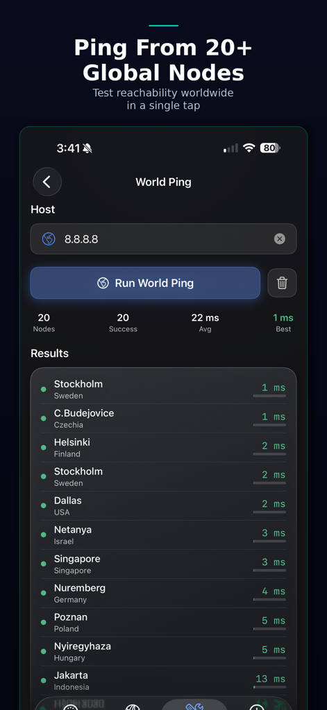 NetMonitor Mobile World Ping screen showing global connection latency from twenty international nodes