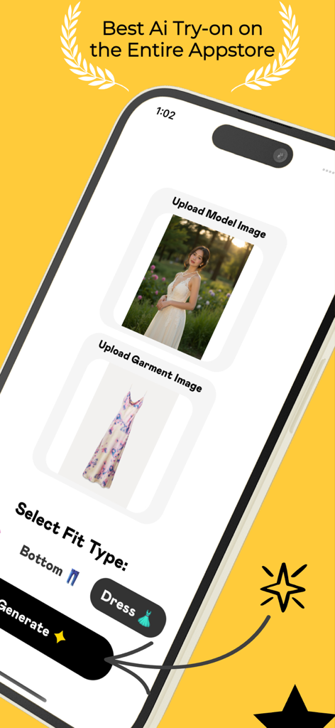 Mobile app interface of TryFit AI for selecting a model and a dress for virtual try-on