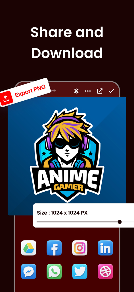 Una pantalla de exportación de un creador de logos de gaming con un logo mascot de anime e íconos para compartir en redes sociales
