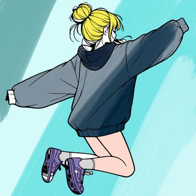 realistic girl jumping with a bun and oversized sweatshirt