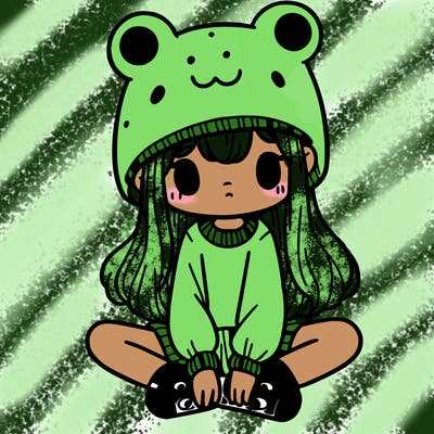 a girl wearing a frog hat and some frog socks