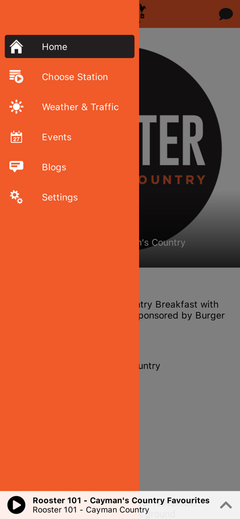 Rooster 101.9 - Menu de navigation latéral de l'application Rooster 101.9 proposant des liens vers Accueil, Choisir une station, Météo et trafic, Événements, Blogs et Paramètres.