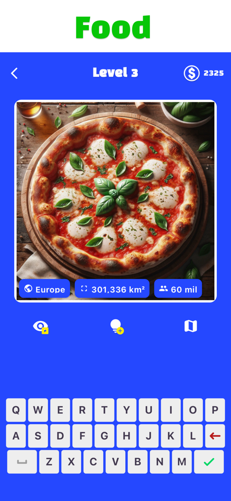 Uno screenshot dell'app World Quiz che mostra un livello di curiosità sul cibo con una pizza e indizi geografici sull'Italia.