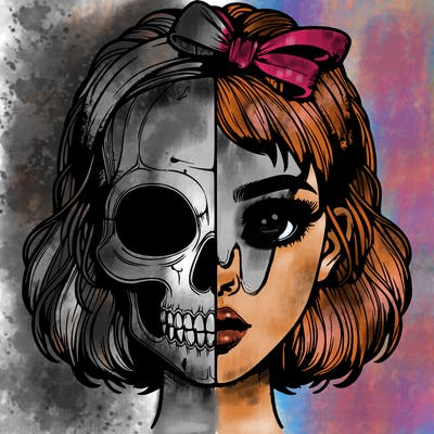 realistic girl with half skull mask