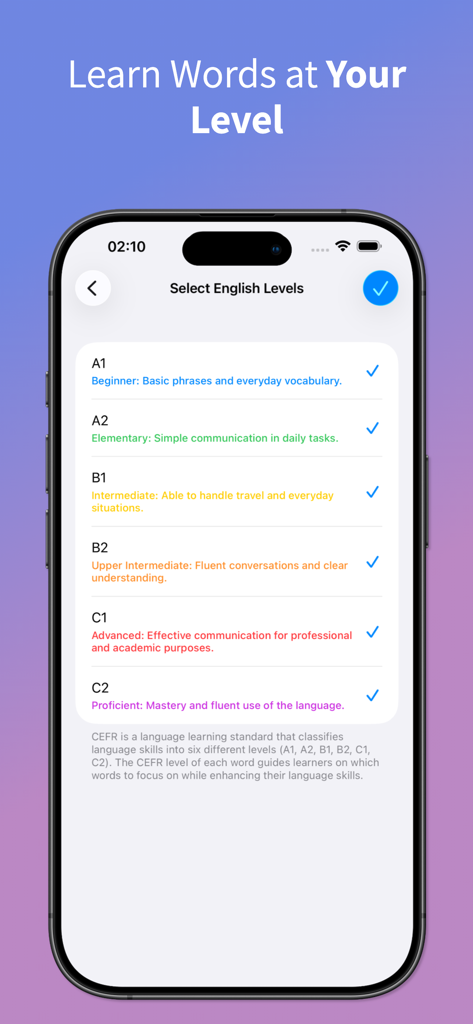 An iPhone screen displaying the English level selection menu for the Word of the Day app featuring CEFR levels from A1 Beginner to C2 Proficient.