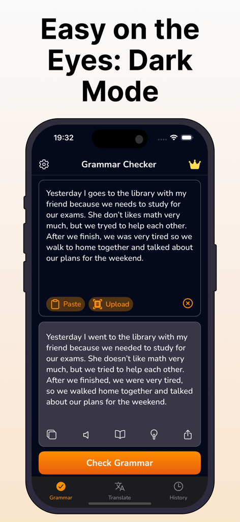 Smartphone displaying Grammar Check Corrector app in dark mode with a text correction example.
