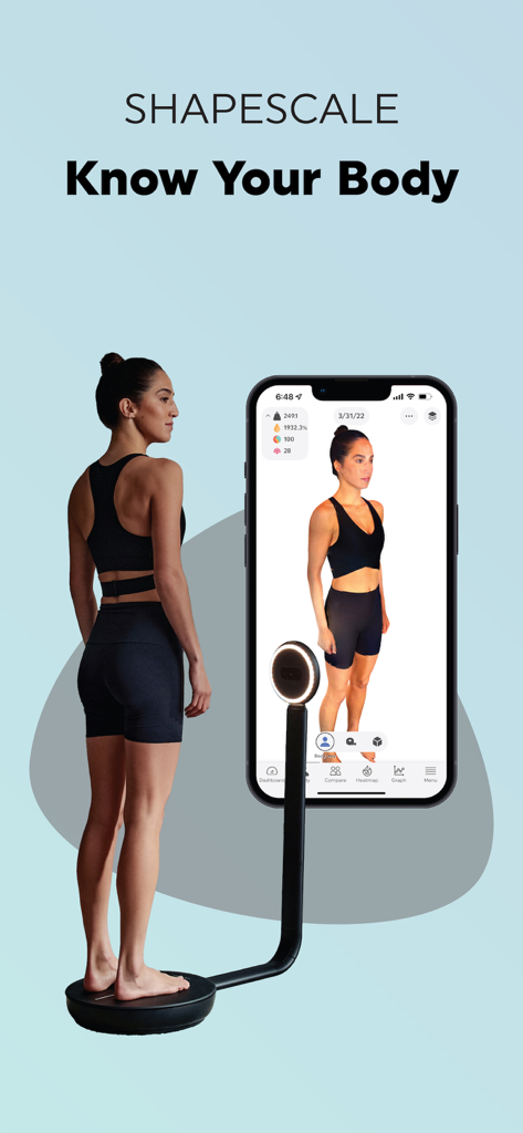 Woman using ShapeScale 3D body scanner with digital twin on smartphone
