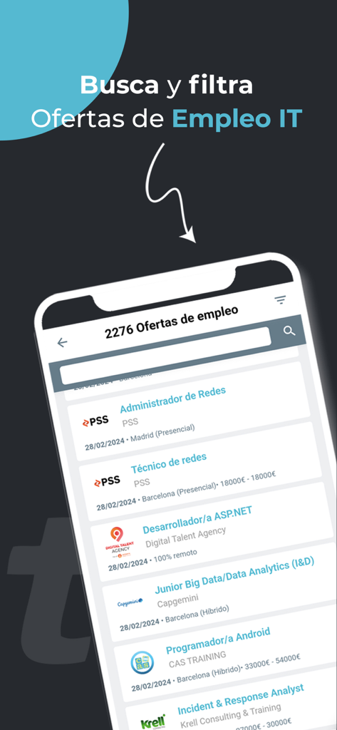 Mobile application interface showing a list of IT job offers including network administrator and developer positions