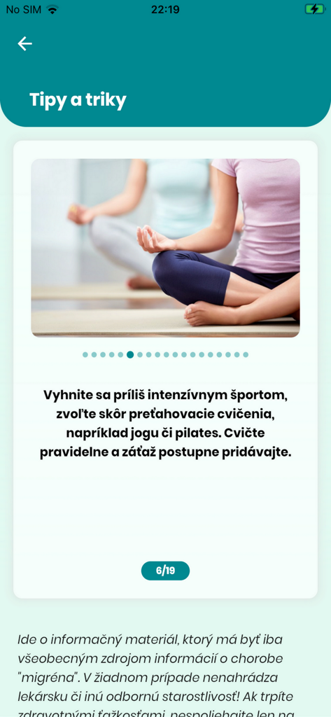 Migréna Kompas (SK) - A screenshot from the Migrena Kompas app showing exercise tips for migraine management with an image of women practicing yoga