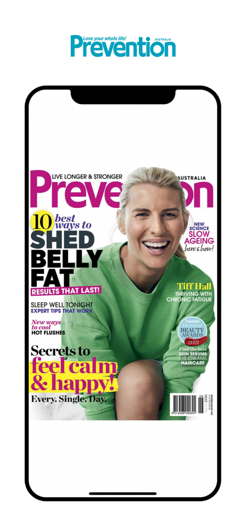 Prevention Magazine Australia - Smartphone screen displaying the cover of Prevention Magazine Australia with health and wellness tips