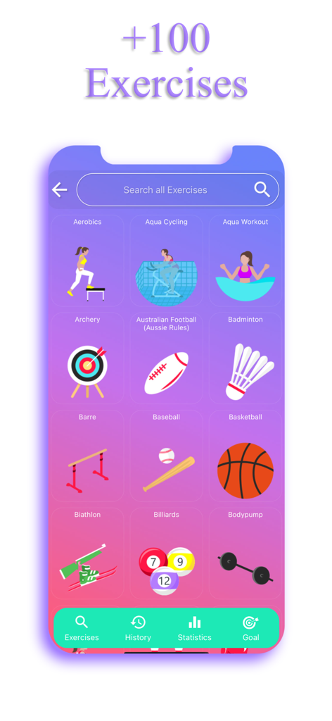 A mobile screen from the EasyFit app showing various exercise categories for tracking.
