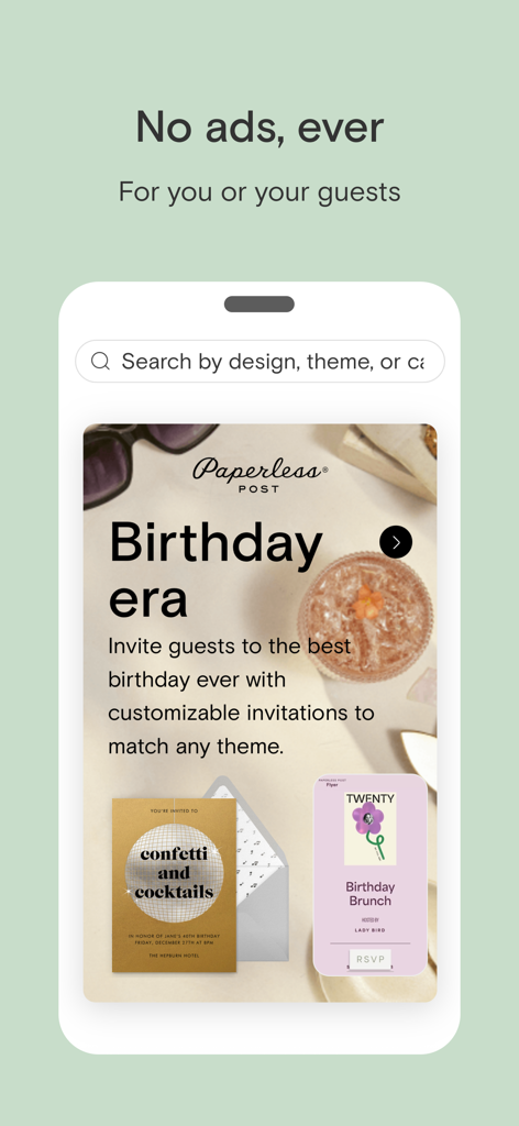 Paperless Post: Invitations - Paperless Post app interface showing customizable birthday invitations with no ads.