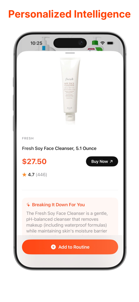A mobile app screen showing personalized skincare product analysis for a face cleanser with options to buy or add to routine.