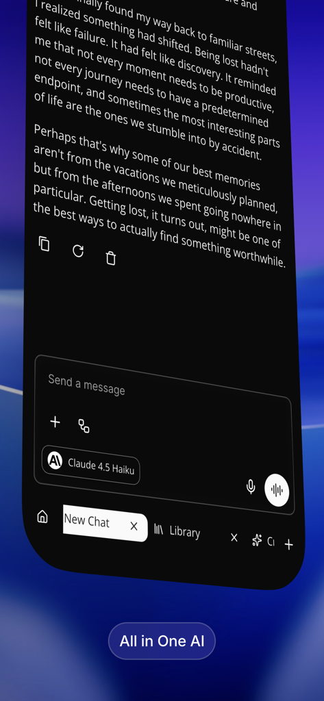 Zemith - SuperAI All in One AI - Zemith SuperAIモバイルアプリのチャットインターフェース。Claude 4.5 Haikuモデルとの会話が表示されています。