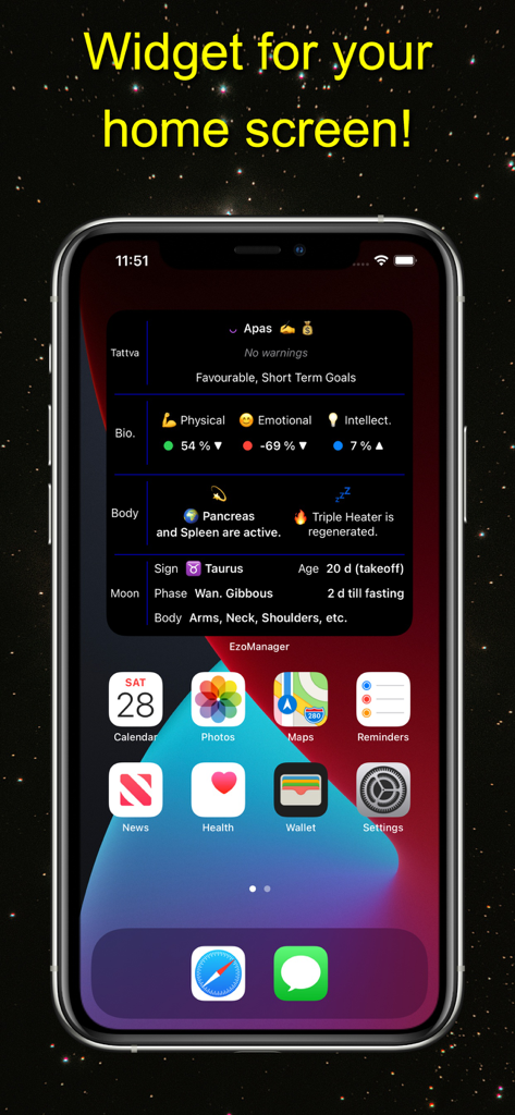 EzoManager – esoteric planner - EzoManager esoteric planner widget on an iPhone home screen displaying biorhythms and lunar data