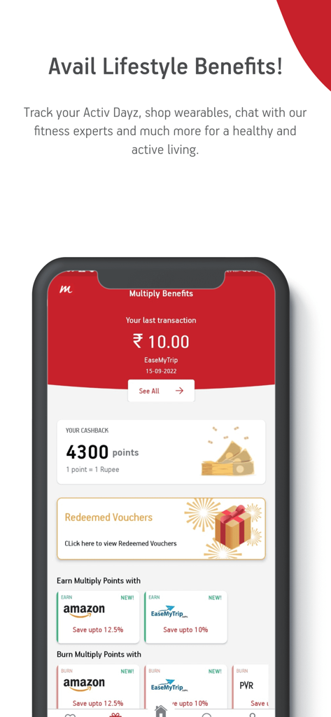 AB Multiply - Schermata dell'app AB Multiply che mostra i vantaggi per lo stile di vita, il saldo dei punti cashback e i voucher sconto per brand come Amazon e EaseMyTrip.