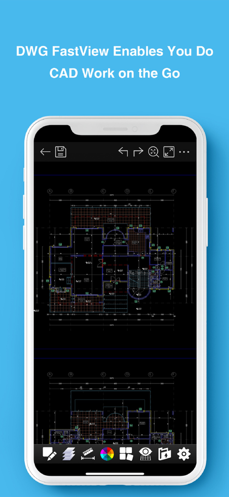 DWG FastView Pro-CAD viewer - Ein Smartphone zeigt eine detaillierte technische Grundrisszeichnung auf der DWG FastView Pro Mobile App-Oberfläche