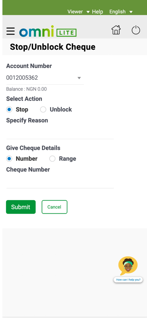 Ecobank Omni Lite - Écran de l'application mobile Ecobank Omni Lite pour arrêter ou débloquer un chèque d'entreprise