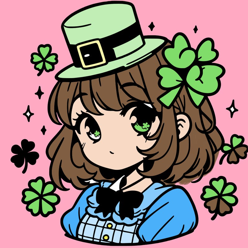 a manga-style girl with clovers around her, a little hat in her hair, like it's saint patrick's day