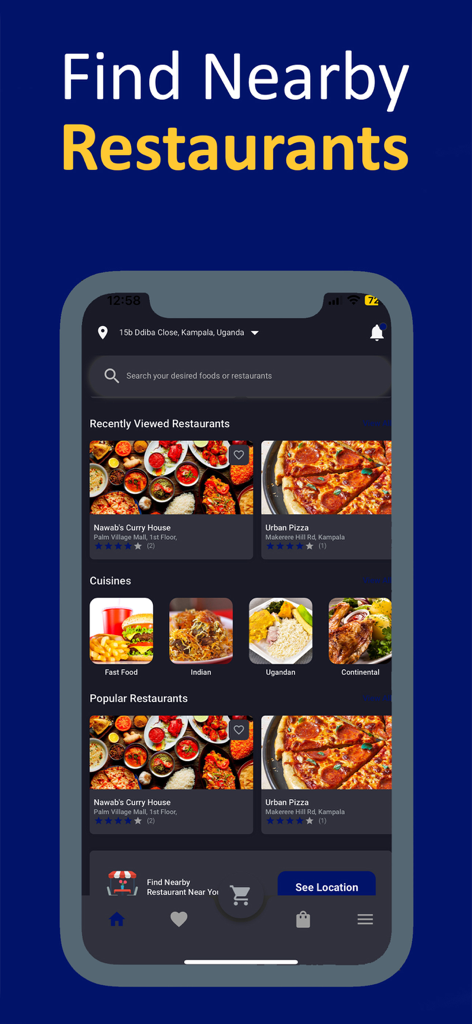 Eazzy Food - Eazzy Food app interface showing nearby restaurant listings and cuisine categories like Indian and Fast Food.