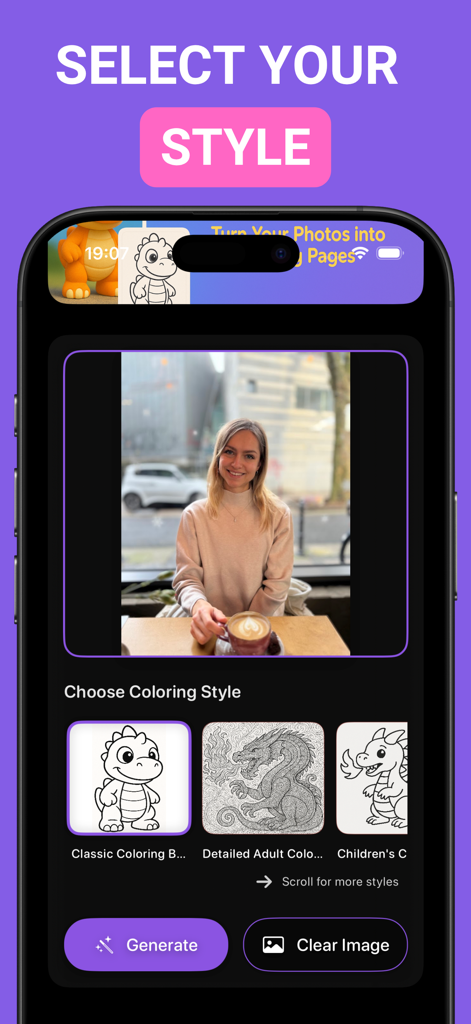 InkMagic Photo Coloring Pages - InkMagic app interface showing various coloring styles to convert photos into printable line art