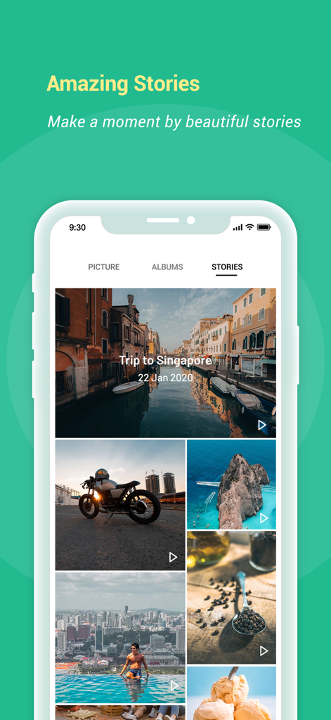 A smartphone screen showing the Stories feature of the Photo Gallery album app with curated travel photos