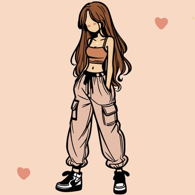 girl in baggy pants crop top and long hair