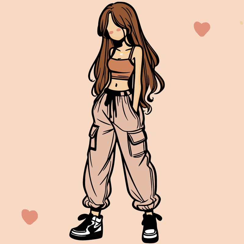 girl in baggy pants crop top and long hair