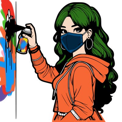realistic girl with mask spray painting a wall