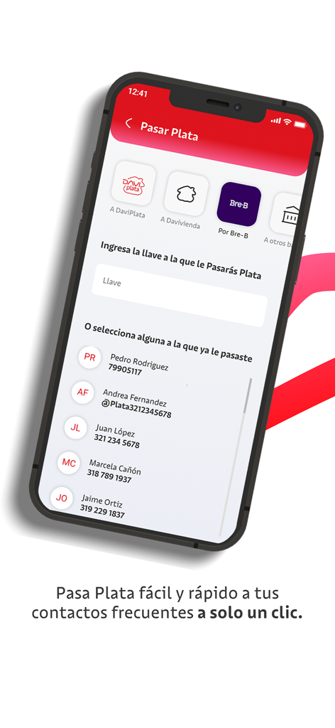 DaviPlata - 자주 이용하는 연락처 및 다른 은행으로 돈을 이체하는 옵션을 보여주는 DaviPlata 모바일 앱 화면