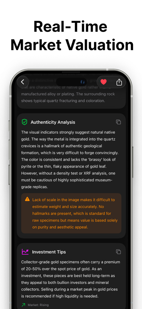 Gold Detector - AI Identifier - Gold Detector app screen showing market valuation and authenticity analysis